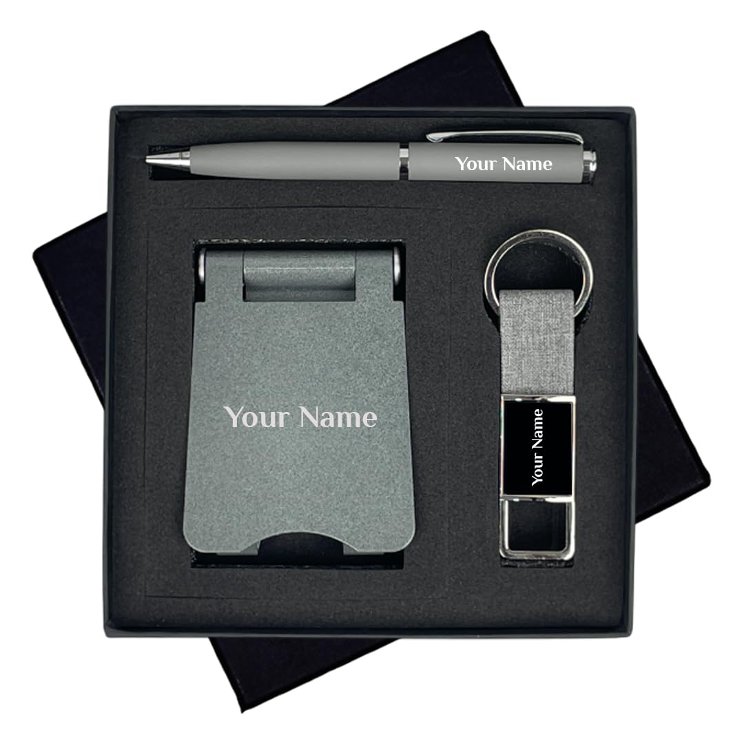 Giftana 3 in 1 Personalized Pen with Keychain and Mobile Stand with Name, Customized Gifts for Men and Women, Personalized Gift for Doctors, New Year Corporate Gift Set for Employee (Grey)-image-22