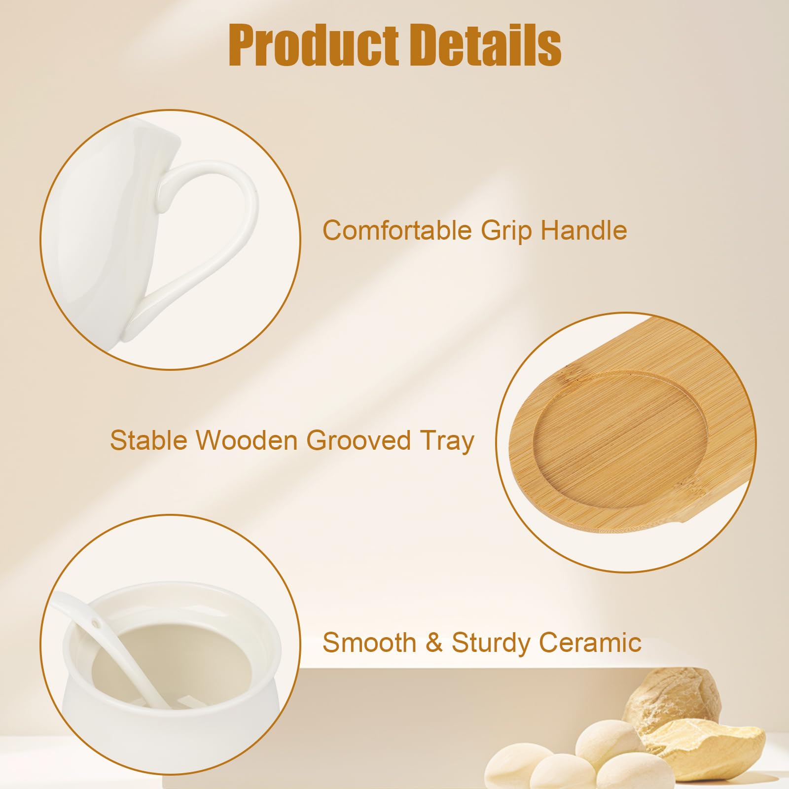 Juego de Leche y Azúcar Blanco, 260ml Jarra Leche de Cerámica y Azucarero con Cuchara y Tapa, Juego de Porcelana para Servir Café y Té con Bandeja de Madera, Apto para Microondas y Lavavajilla