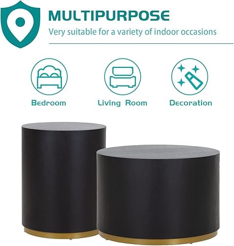 Miniatura 4 de JUSTONE Mesa auxiliar redonda, mesa auxiliar negra con parte inferior de borde dorado, mesa auxiliar redonda para sala de estar, artículos