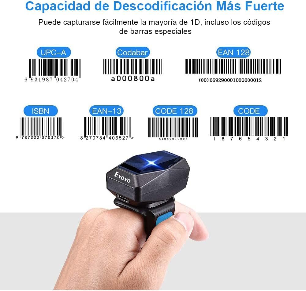 Eyoyo 1D Scanner di codici a barre Bluetooth, 2,4 G wireless, Mini lettore ad anello con cavo USB per iOS Android, per Magazzino Supermercato Libreria...