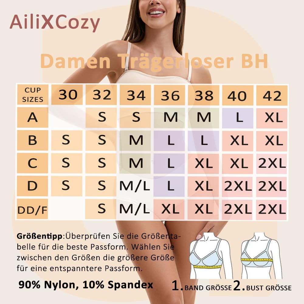 Damen Trägerloser BH Push Up Ohne Bügel Bandeau Top Große Größen Rutschfestes Silikon Bralette Nahtlose Tube Top mit Klare und Schwarz Träger