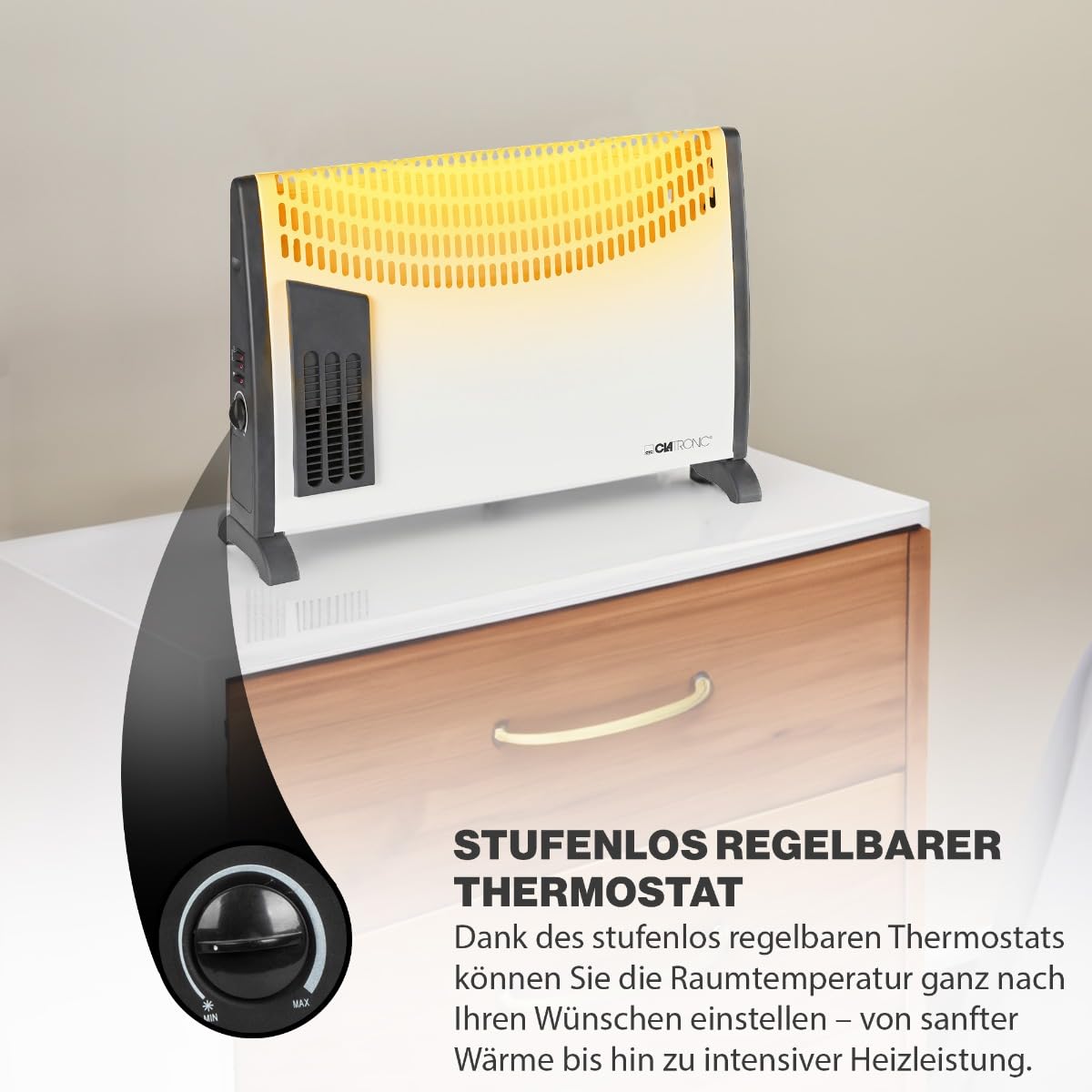 Clatronic® Calefactor convector | Calefactor móvil para casetas de jardín, garajes & Co. | Calefacción para baños | con ventilador | hasta 40 metros cuadrados | ahorro de energía | KH 3433 N
