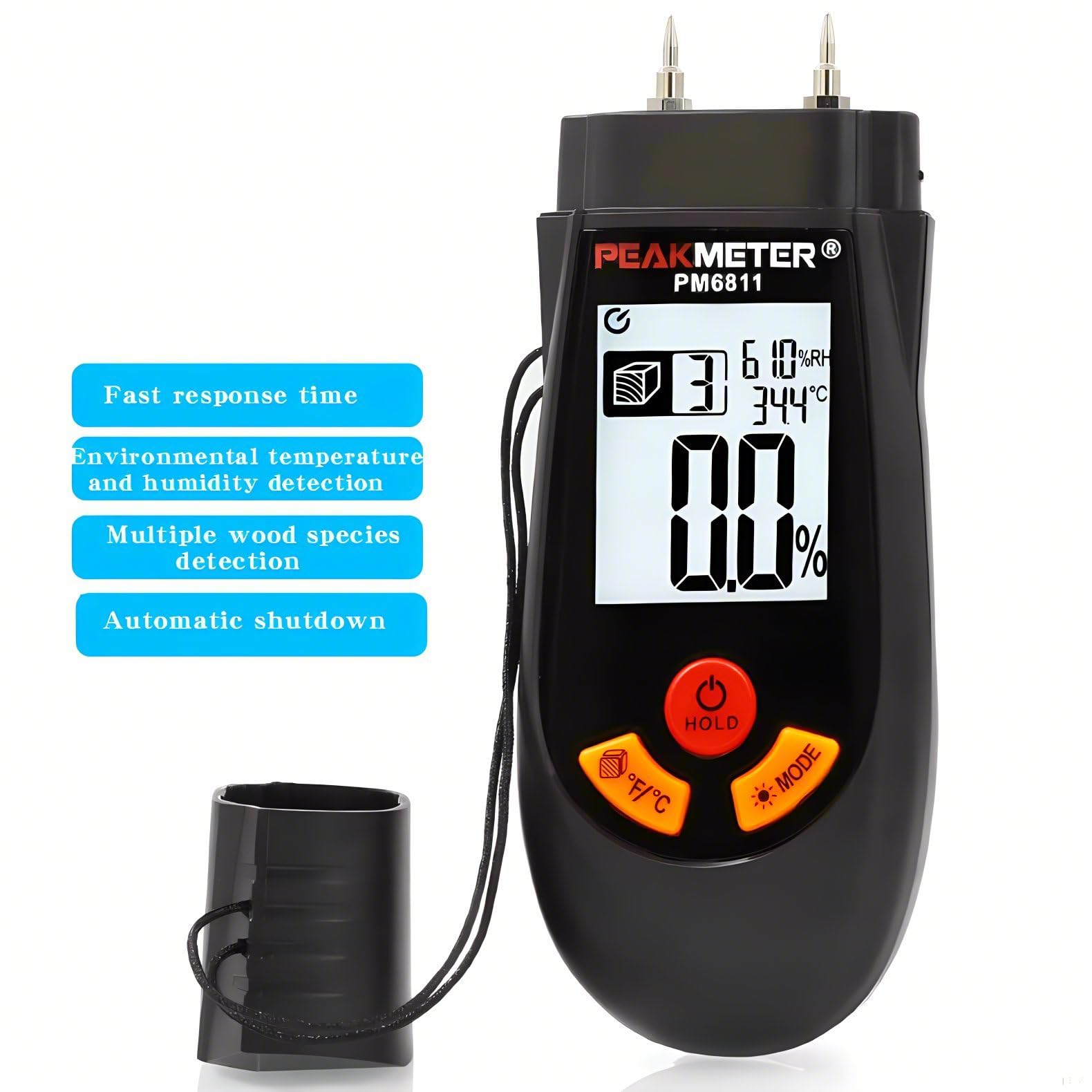 PEAKMETER PM6811 PM6811A Wood Moisture Meter Moisture Tester Wood Moisture Meter Digital Wall Moisture Content Tester for Measuring Moisture Content in Wood Cardboard and Flooring(PM6811), Orange