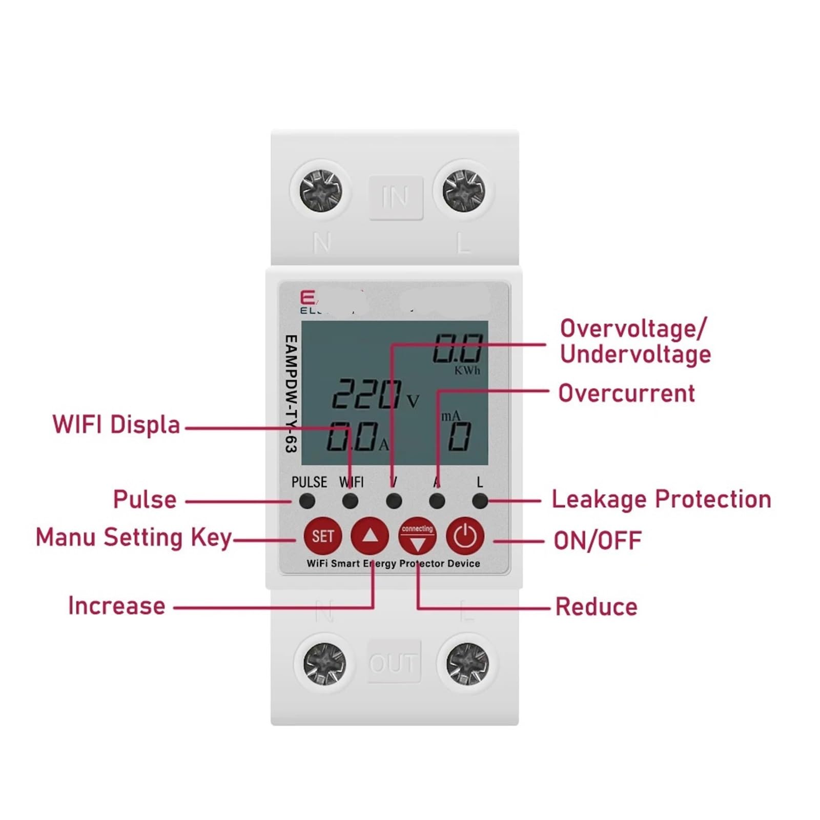 2P 63A Circuit Earth Leakage Over Under Voltage Protector Relay Device Switch Breaker Energy Power kWh Meter