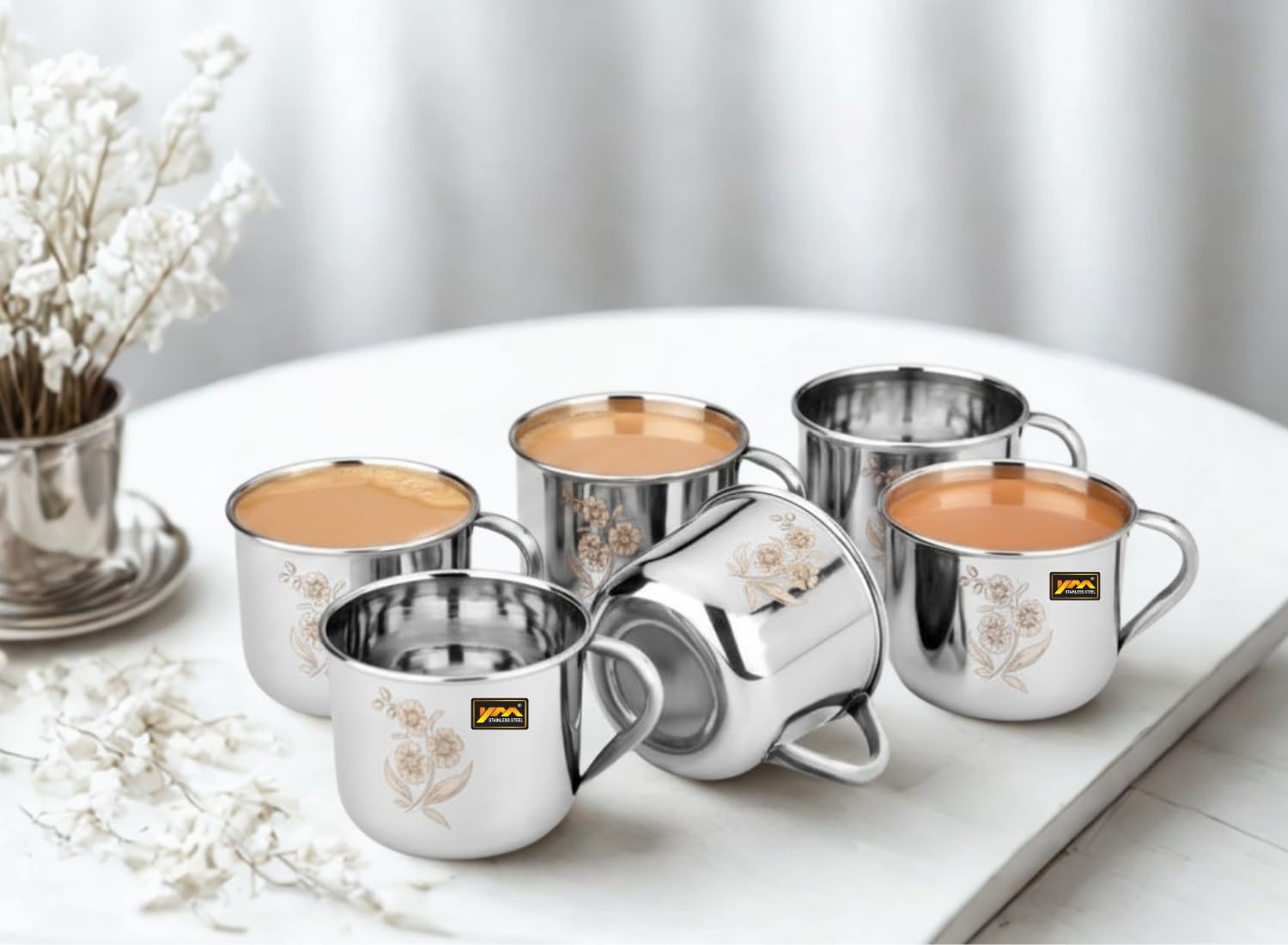 YM STAINLESS STEEL - Royal Tea & Coffee Cup | Set of 6 | Premium Single Wall | Laser Design | Silver Mirror Finish | Break Resistant | Gifting Item | 140ml-image-19