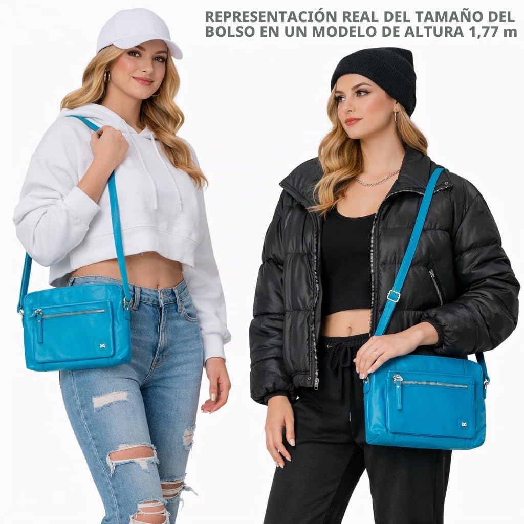 Wise Owl Accessories Bolso bandolera de cuero genuino granulado, modelo compacto unisex con bolsillos cremallera, ideal para viajes, uso diario y organización