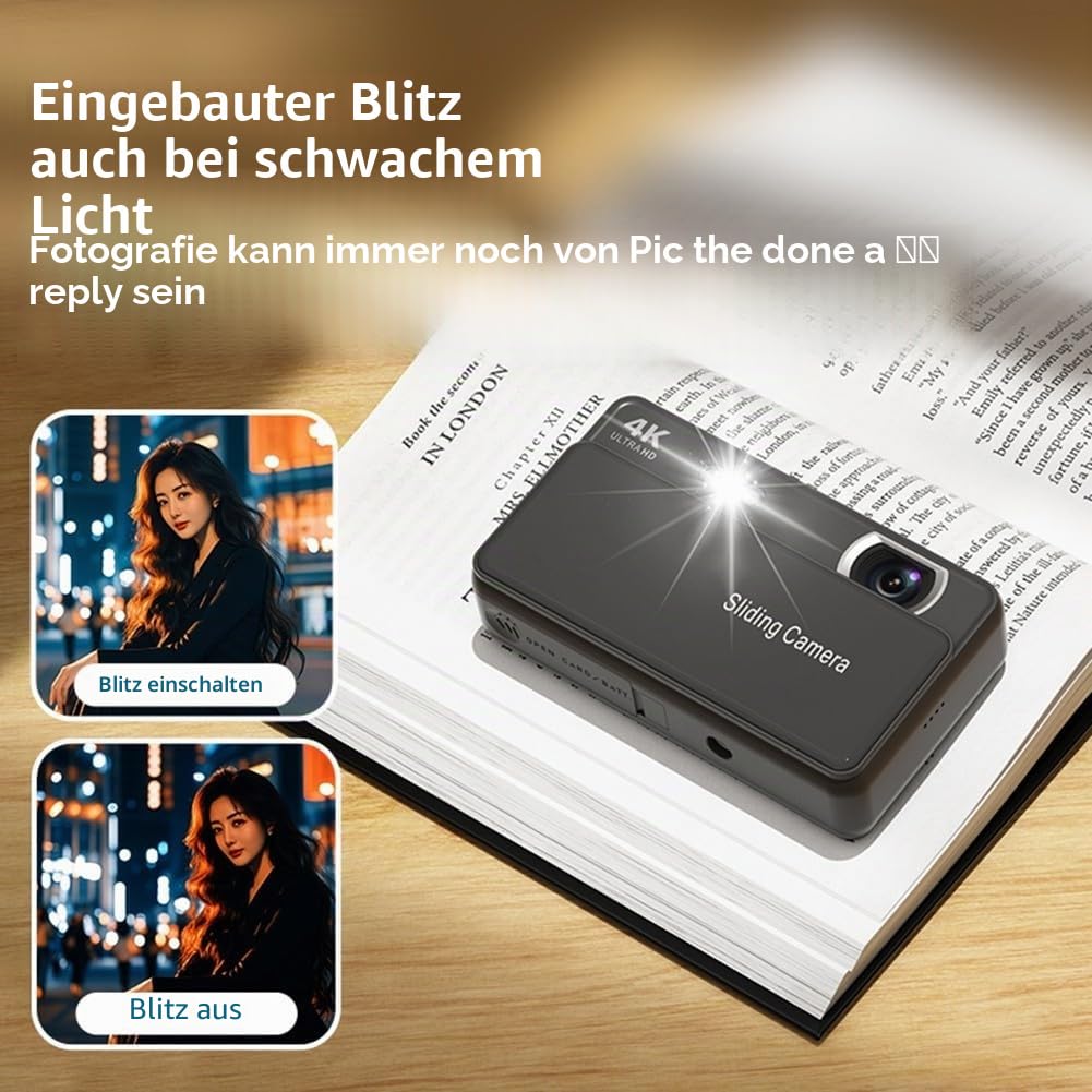 Tragbare Slider-Digitalkamera mit 64-MP-Bild, 16-fachem Digitalzoom, eingebautem Blitz, 4K-Video und elektronischer Bildstabilisierung für den Außenbereich (schwarz)