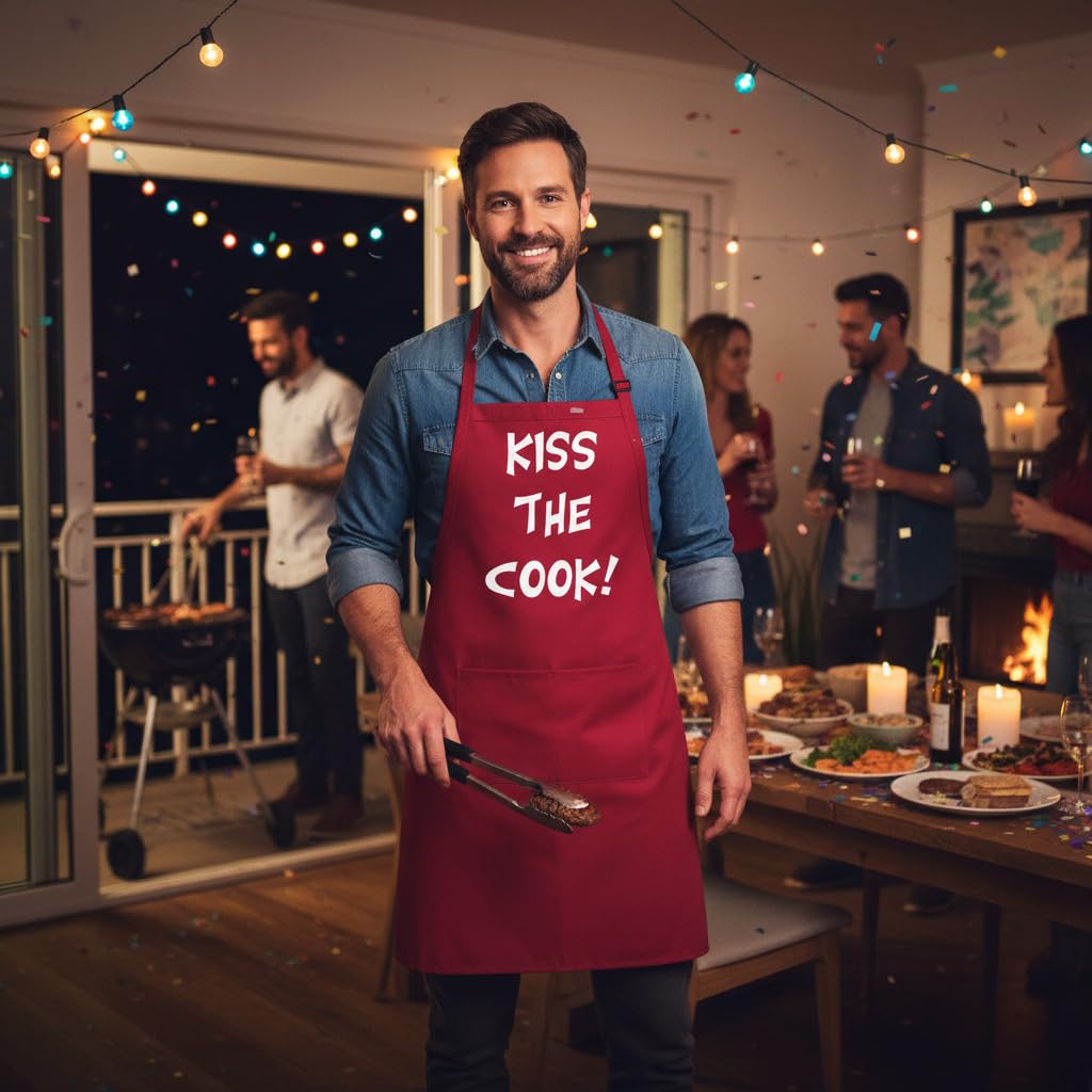 Rojo delantal Kiss the Cook | Cute cocina delantales