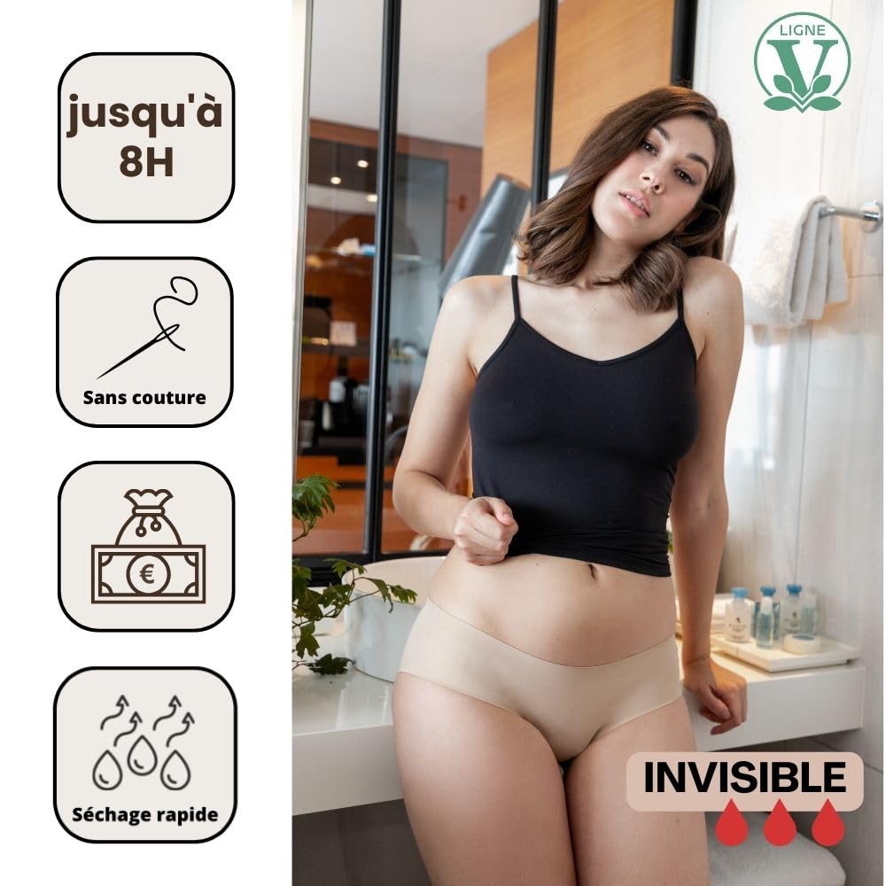 Lot de 2 Culottes Menstruelles Invisibles sans Couture - Protection Lavable & Ecologique – Flux léger à Abondant - Absorbantes & Anti Fuite - Adolescente & Femmes Grandes Tailles/Peau M