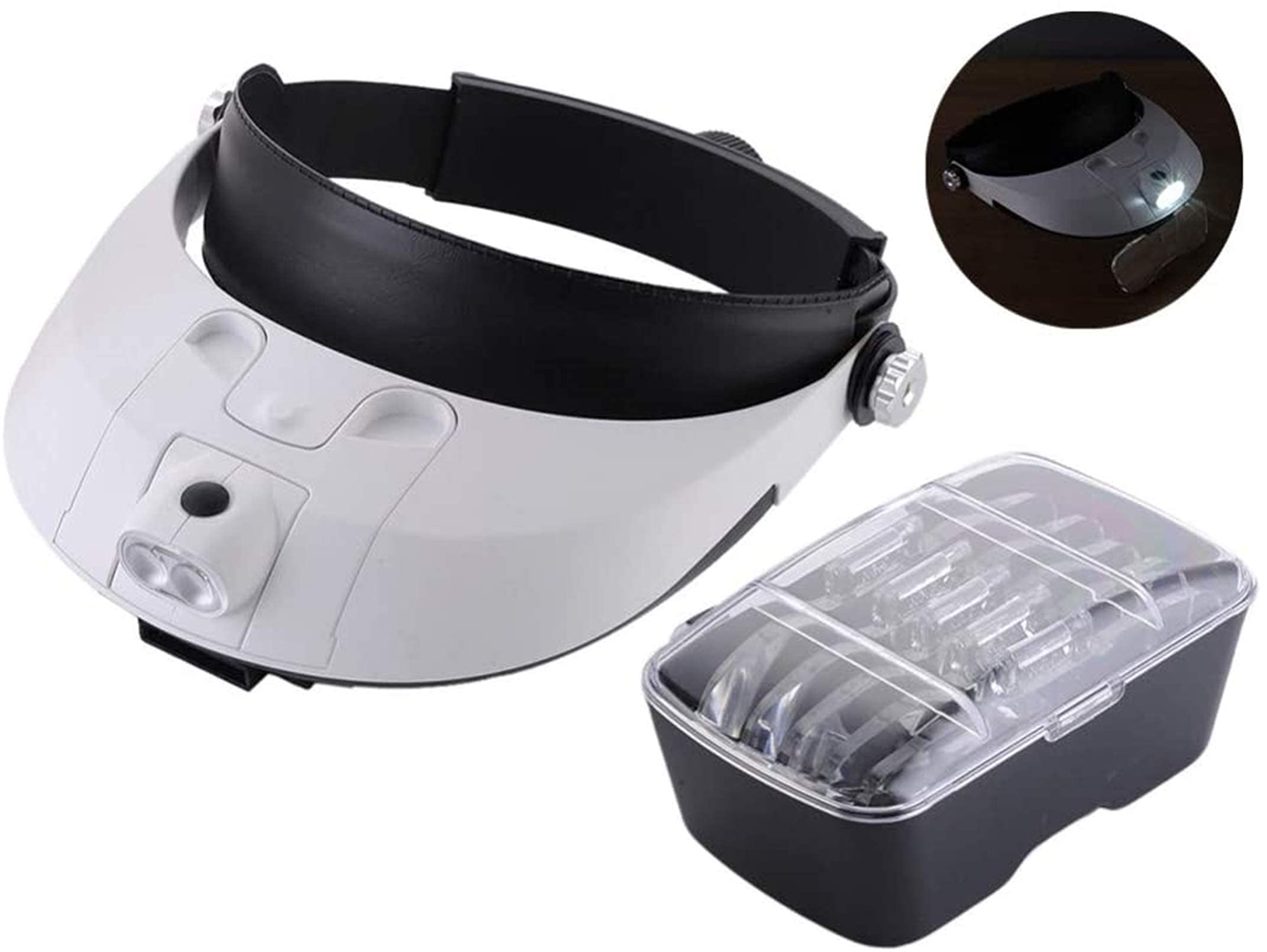 Stirnbandlupe, Digitale Handlupe, am Kopf montierte Lupe, abnehmbare Lupe mit LED-Beleuchtung und Stirnband und 5 austauschbaren Linsenlupen zum Wandern