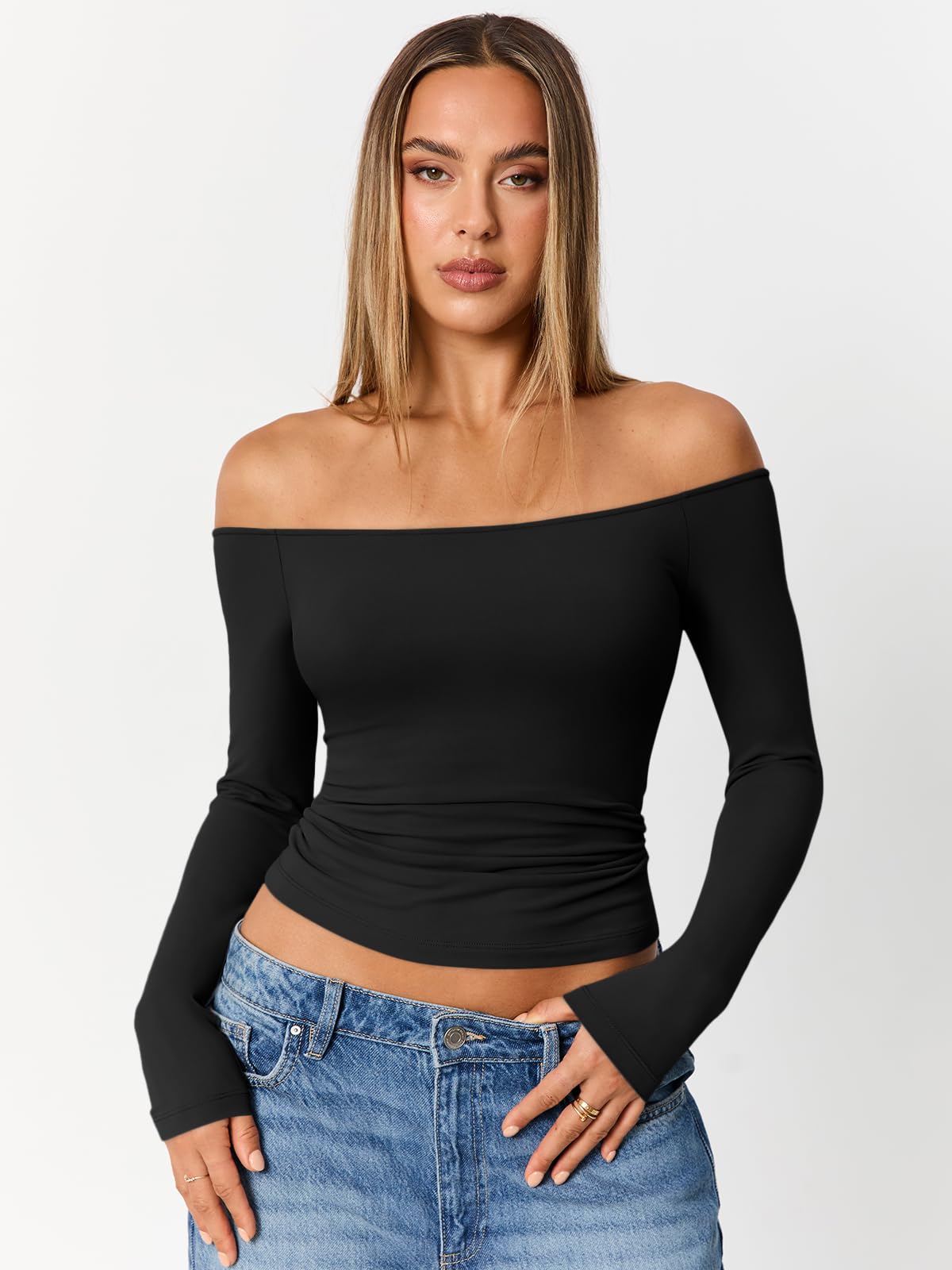 Trendy Queen Womens Long Sleeve Off The Shoulder Tops Going Out Cute Basic Y2K Fall Fashion 2025 Outfits Clothes