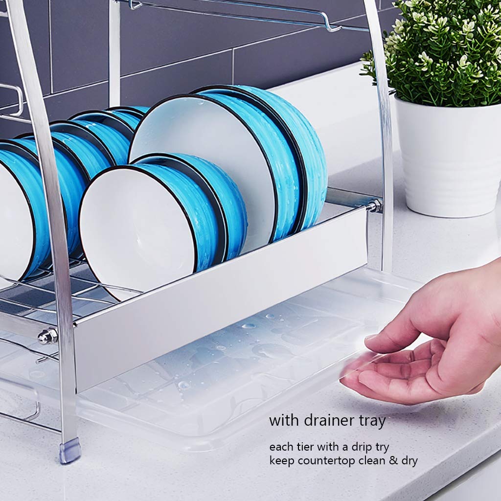 Escurridor de platos, 3 niveles con soporte para utensilios, soporte para tabla de cortar y escurridor de platos para encimera de cocina, estante de acero inoxidable plateado (tamaño: sin soporte