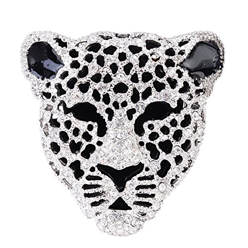 Image of Vintage Black Enamel Spotted Leopard Head Rhinestone CZ Animal Brooch Pin Lapel Pin Badge