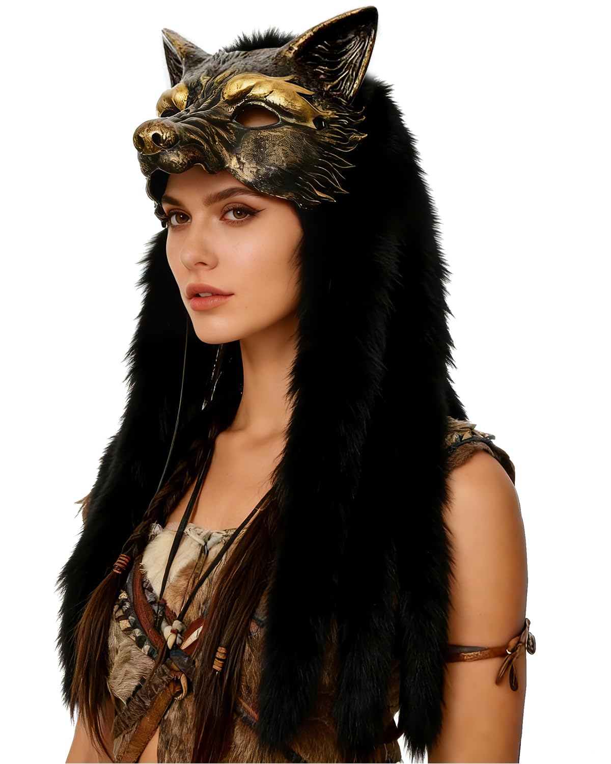 L'VOW Viking Fur Wolf Mask Werewolf Cosplay Barbarian Headress, Black