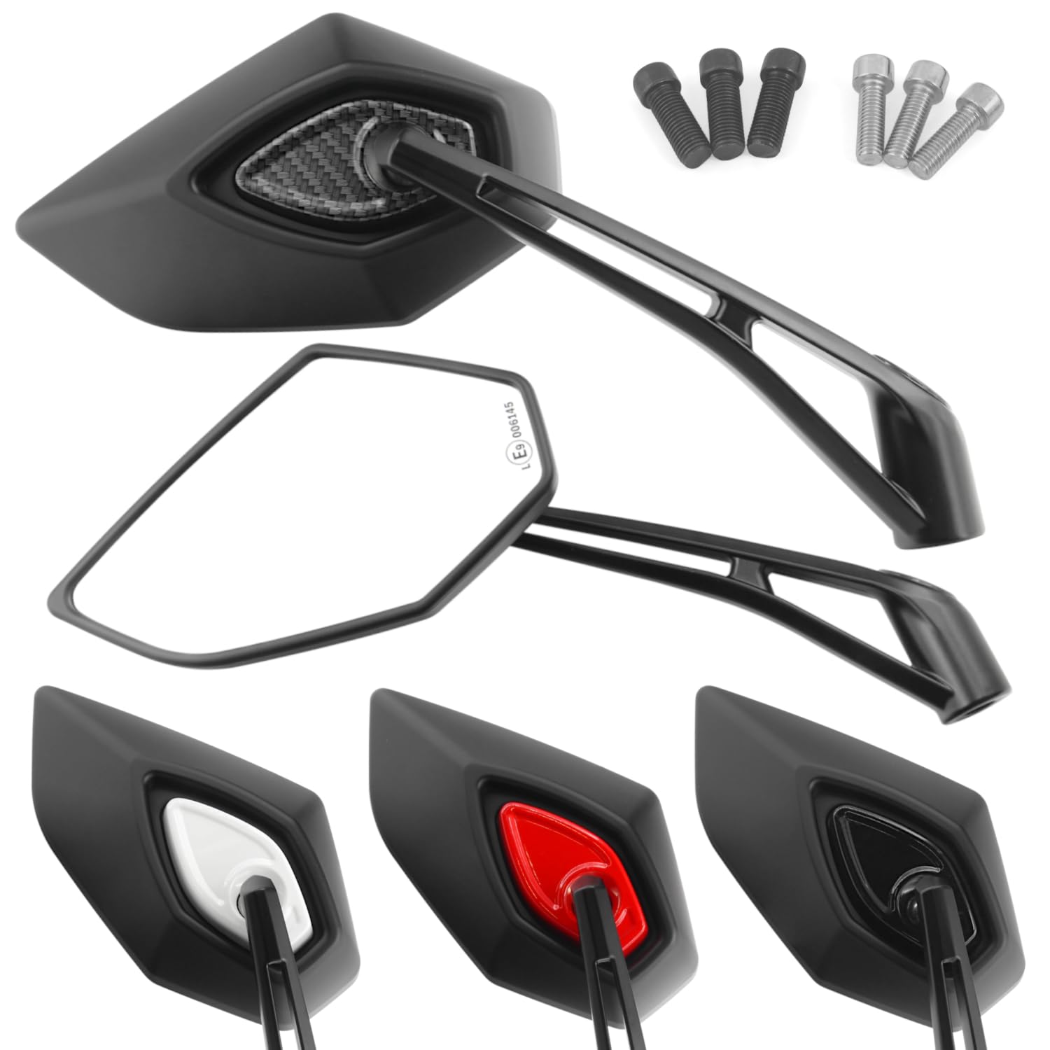 Area1 Espejo para moto y scooter Carbono (2 piezas) Homologado E, 2x M10/M8 rosca derecha + 1xM10/M8 rosca izquierda ATV, Quad (Carbono)