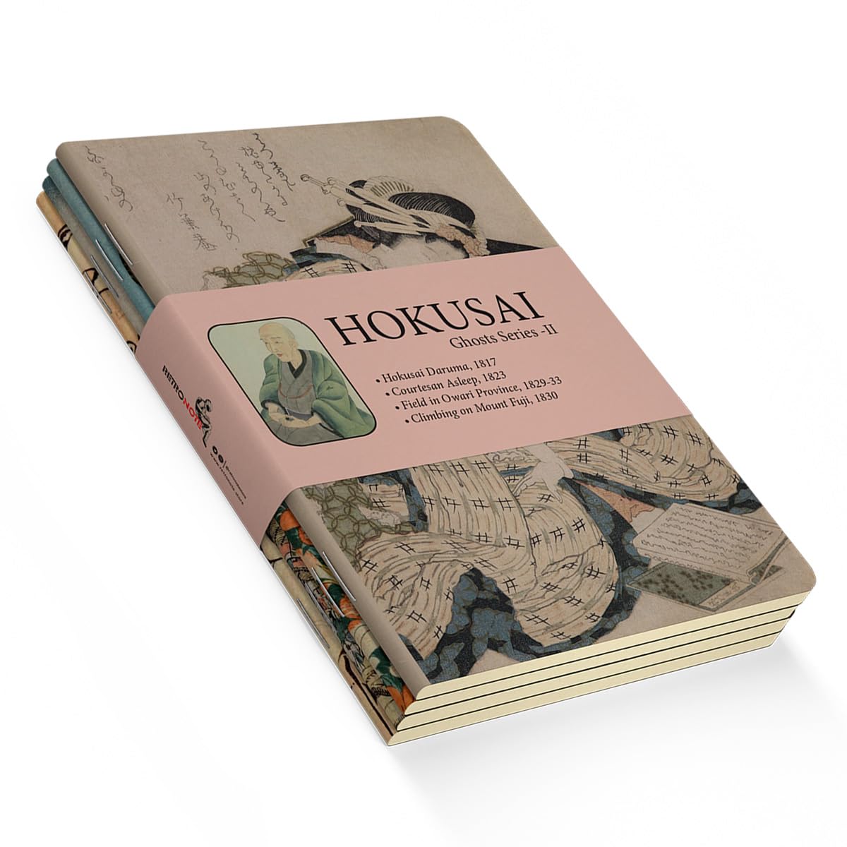 Retronote Ghosts Series II – A5 notatnik Hokusai, zestaw 4 sztuk, bez podszewki, łącznie 256 stron, 64 strony, szwy druciane, elastyczna okładka, owalna krawędź, tekstura płótna, 60 g, kolor żółty