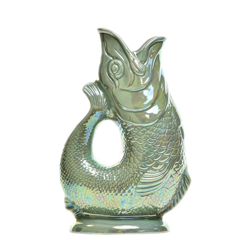 The Original Gluggle Jug - Sage Lustre Glug Jug in XL, 28cm 1.4L - Gug Glug Fish Shaped Jug - Decorative Glugging Water, Cocktail, Wine & Gin Pitcher, Decanter or Vase - Hand Made in Britain