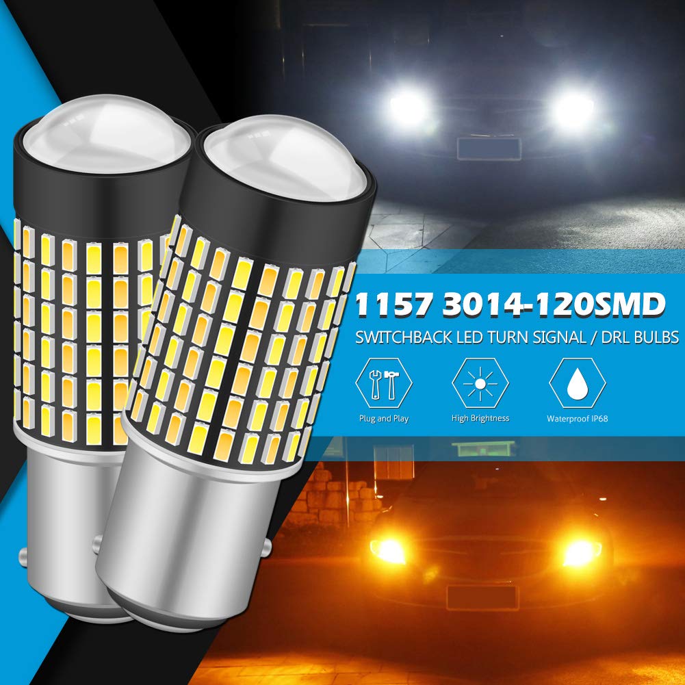 KATUR super jasne 1157 2057 2357 7528 BAY15D P21/5W przełączane żarówki LED białe/bursztynowe 3014 120SMD z projektorem do świateł kierunkowskazów i świateł do jazdy dziennej/DRL (4 sztuki)