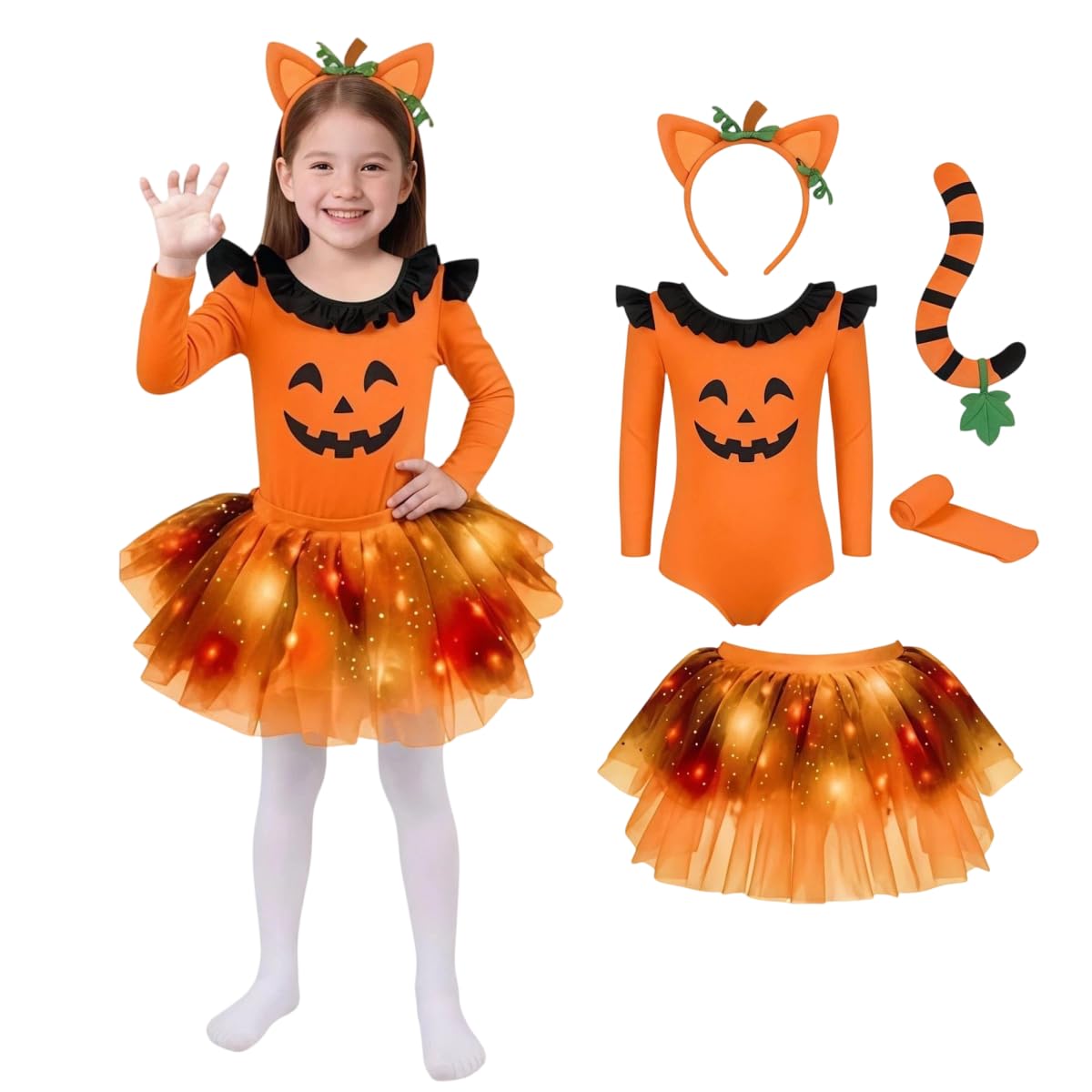 Girls Halloween Costume Light Up Tutu Skirt 5-Piece Set Fancy Dress Orange