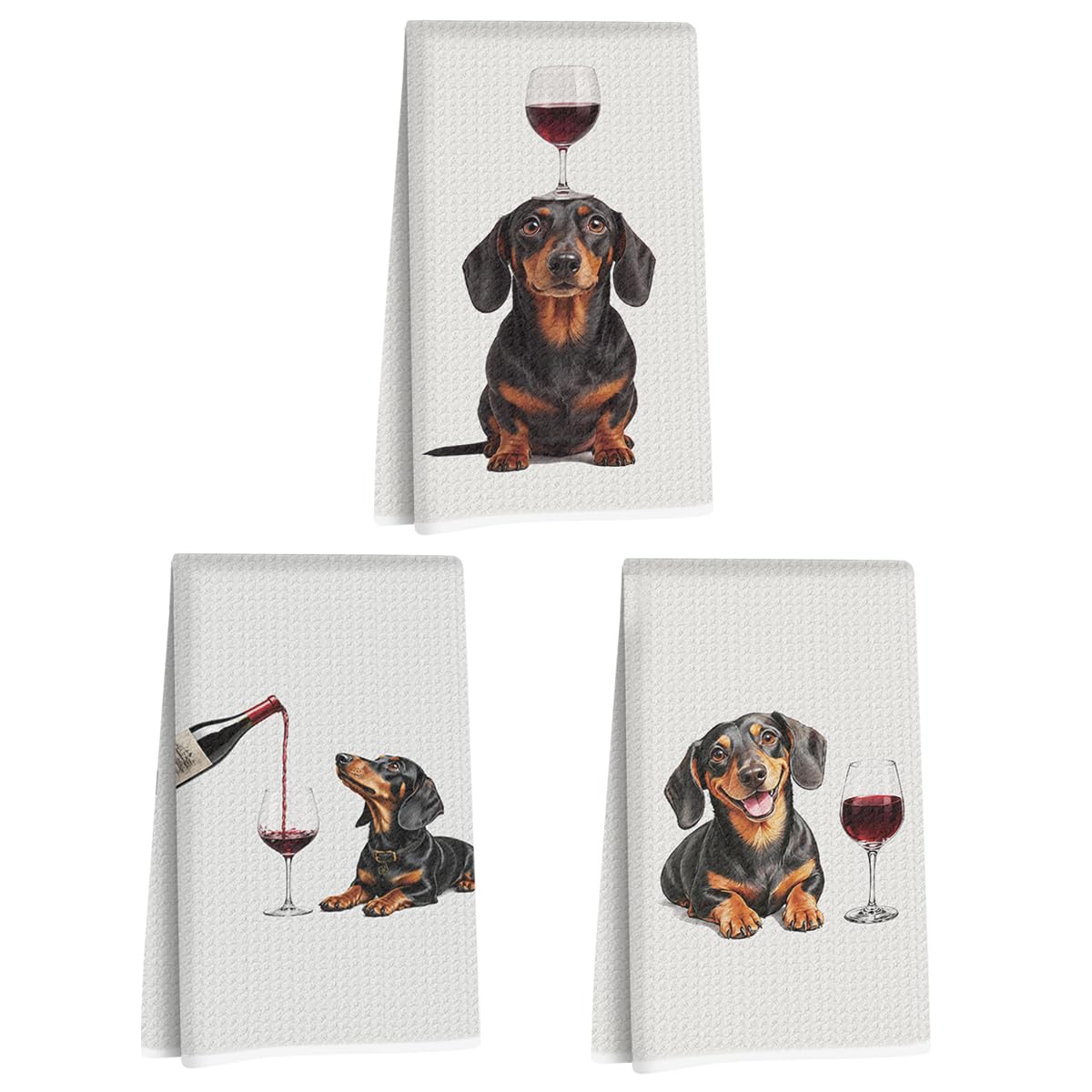 3 Pcs Wine Dachshund Kitchen Towels, Dachshund Gifts Reusable Dish Towels