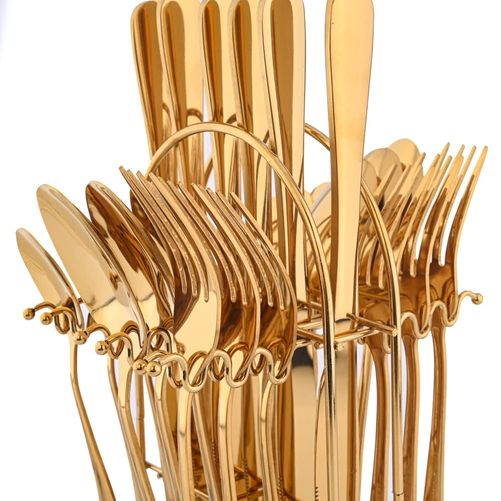 24-teiliges Besteck-Set mit goldenem Aufbewahrungsregal Edelstahl-Besteck-Set für 6-Personen-Familienrestaurant-Werkzeuge