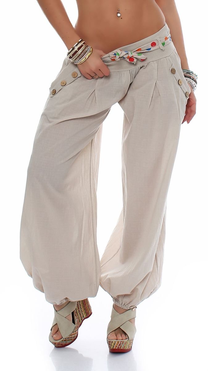 Malito Bloomers with Belt Classic Design Boyfriend Pants Aladin Harem Pants Baggy Yoga 3417 Women One Size (Beige)