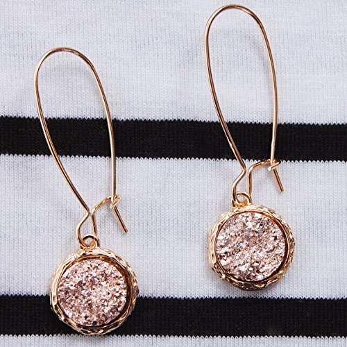 Simulated Druzy Threader Drop Earrings for Women - Gold, Silver, or Rose Gold Tone Trendy Boho Dangles with Sparkly Round Stone3