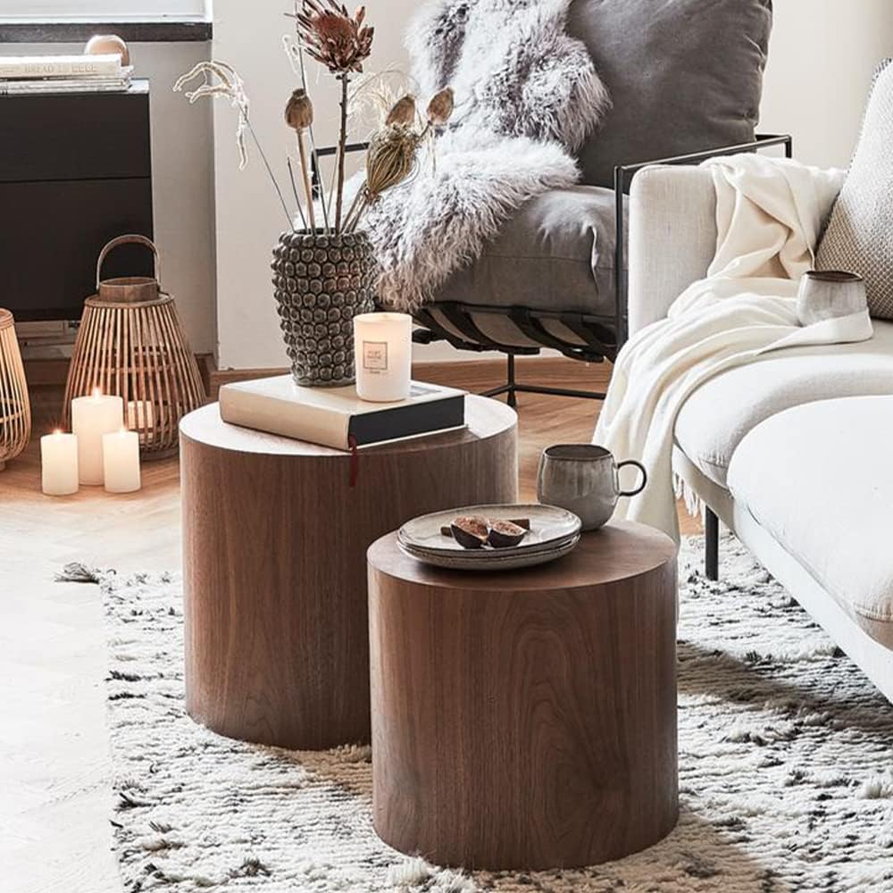 DREAMODERN Round Nesting Coffee Table Set of 2, Modern Wood Side Table Full Assembly for Small Space Living Room Apartment - Walnet