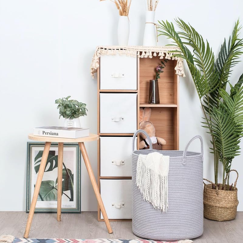 Image of Storage Rope Laundry Hamper Basket for Clothes, Towels and Blankets in Livingroom, Bedroom, Laundry Room and Basket for Nursery Storage (Size - 14 inch x 14 inch x 18 inch) (Grey)