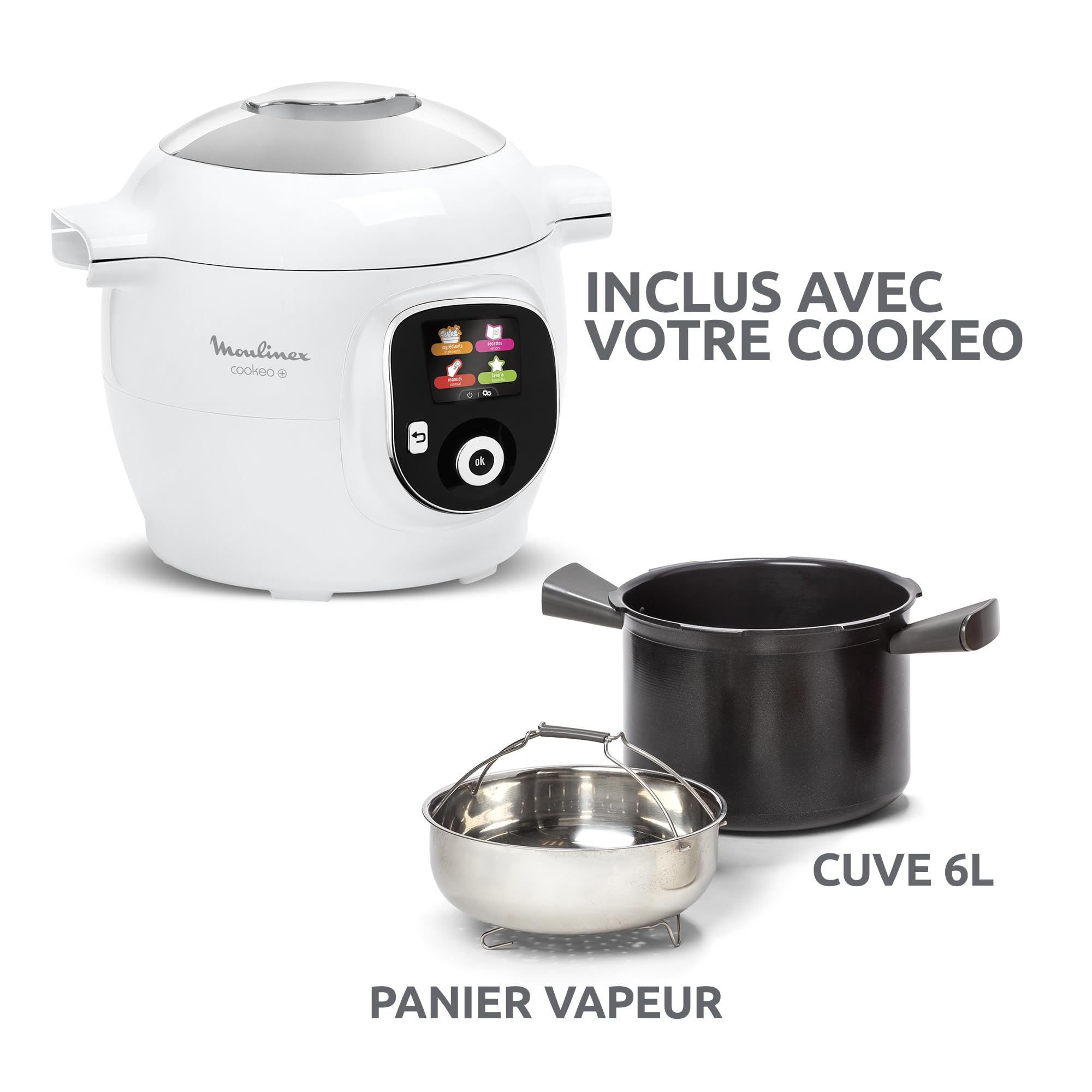 Moulinex, Cookeo Multicuiseur intelligent 6L, 80 recettes intégrées, Cuisson sans surveillance, Ecran intuitif, Guide de cuisson, Application MyMoulinex, 1600W, Blanc, 15 ans réparabilité CE854110