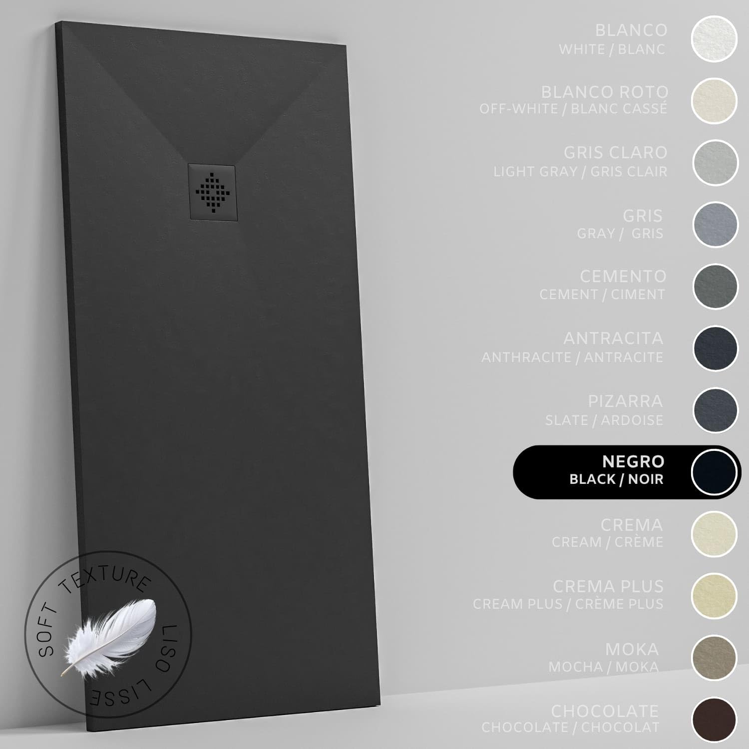 SOULHOME Plato de Ducha - Resina - Gel Coat - Textura Liso Seda - Antideslizante - Color Negro - 90x80- Extraplano 3cm. Incluye Válvula de desagüe - REJILLA MISMO COLOR