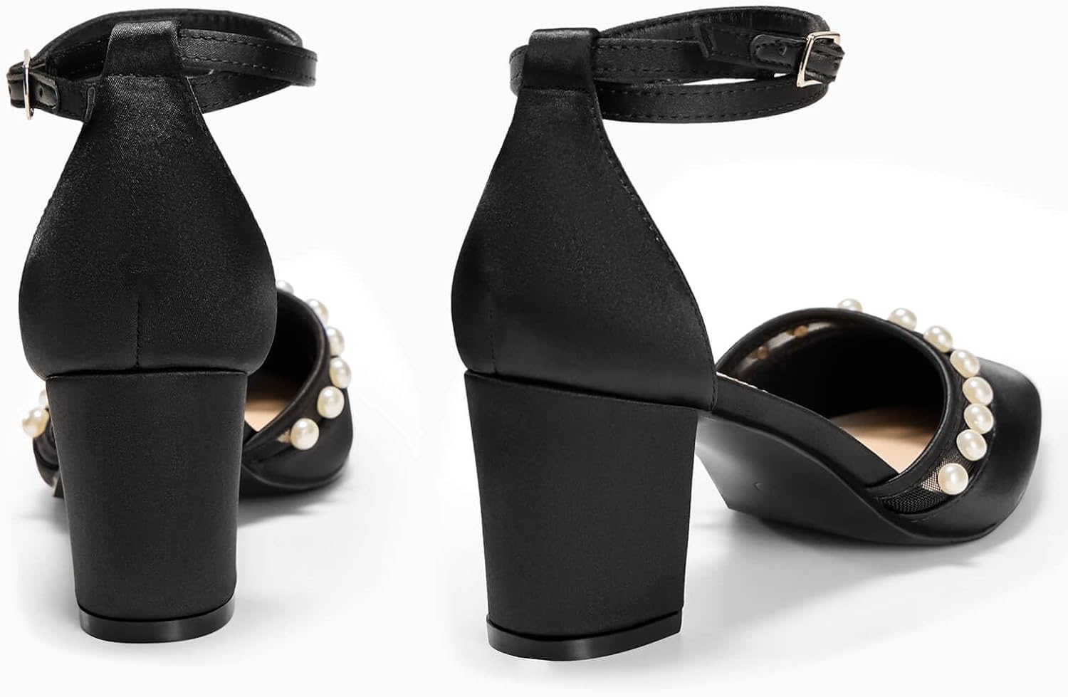 Coutgo Womens Pearl Chunky Heels Wedding Shoes for Bride Closed Pointed Toe Ankle Strap Satin Pumps - Image 5