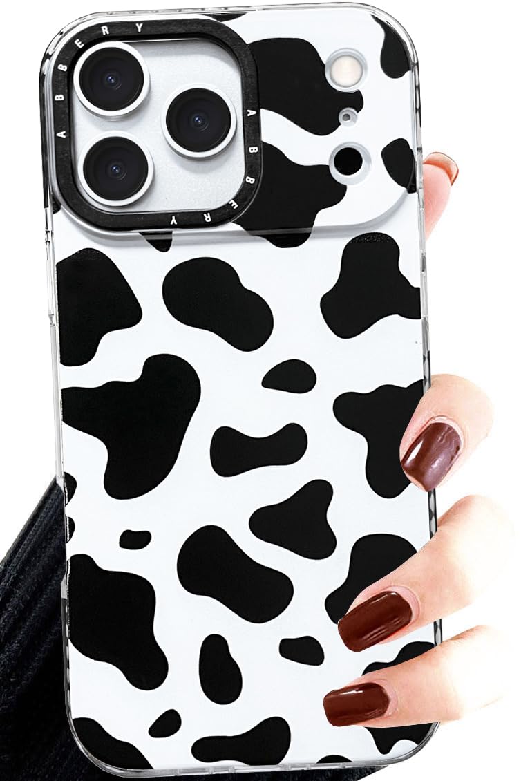 Abbery for iPhone 17 Pro Case Cow Print Clear with Kawaii Design Women Cute Girly Aesthetic Soft TPU Slim Fit Shockproof Black and White Animal Print Protective Phone Case for iPhone 17 Pro