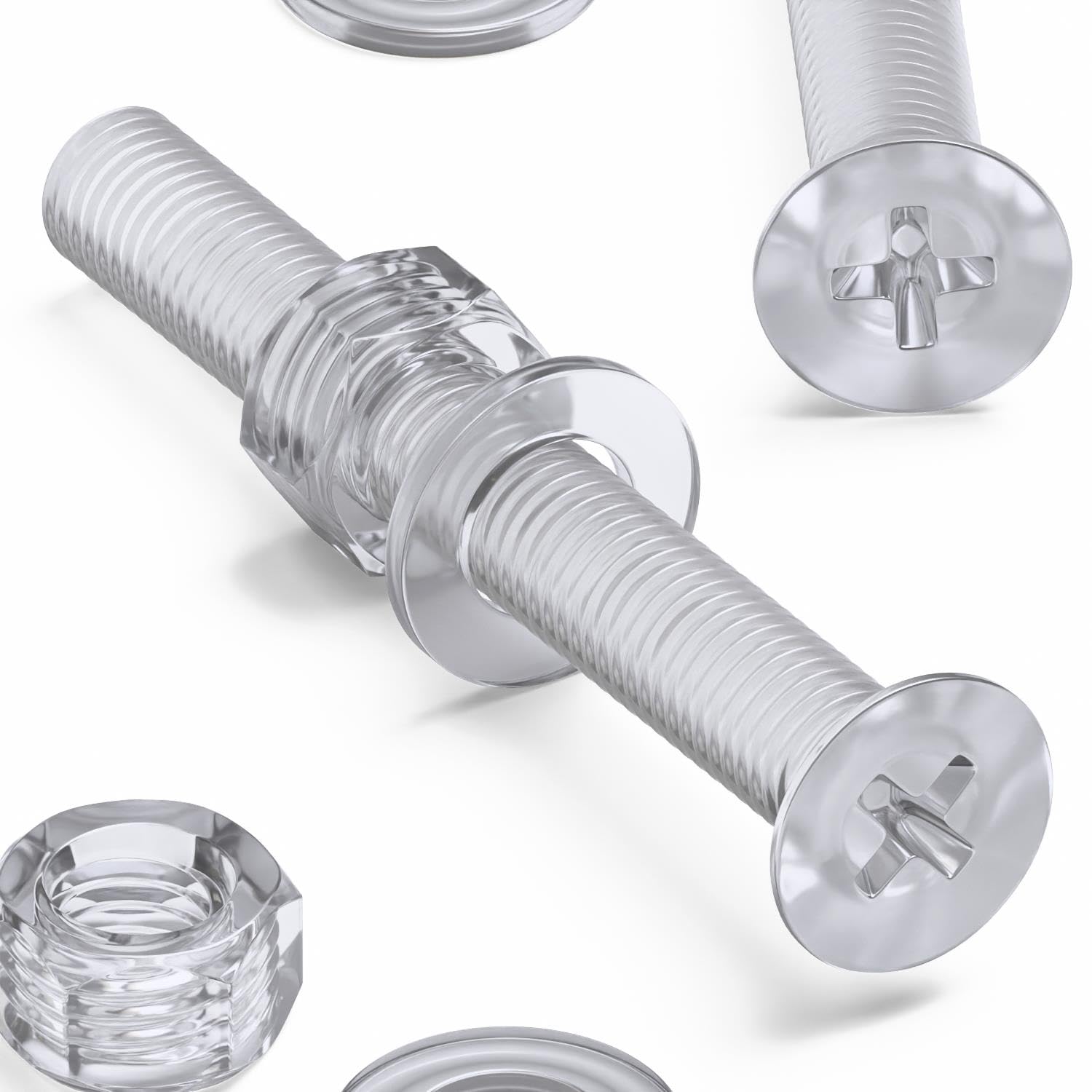 20 x Clear Acrylic/Polycarbonate Countersunk Cross Head Screws with Nuts and Washers, M5 x 40 mm