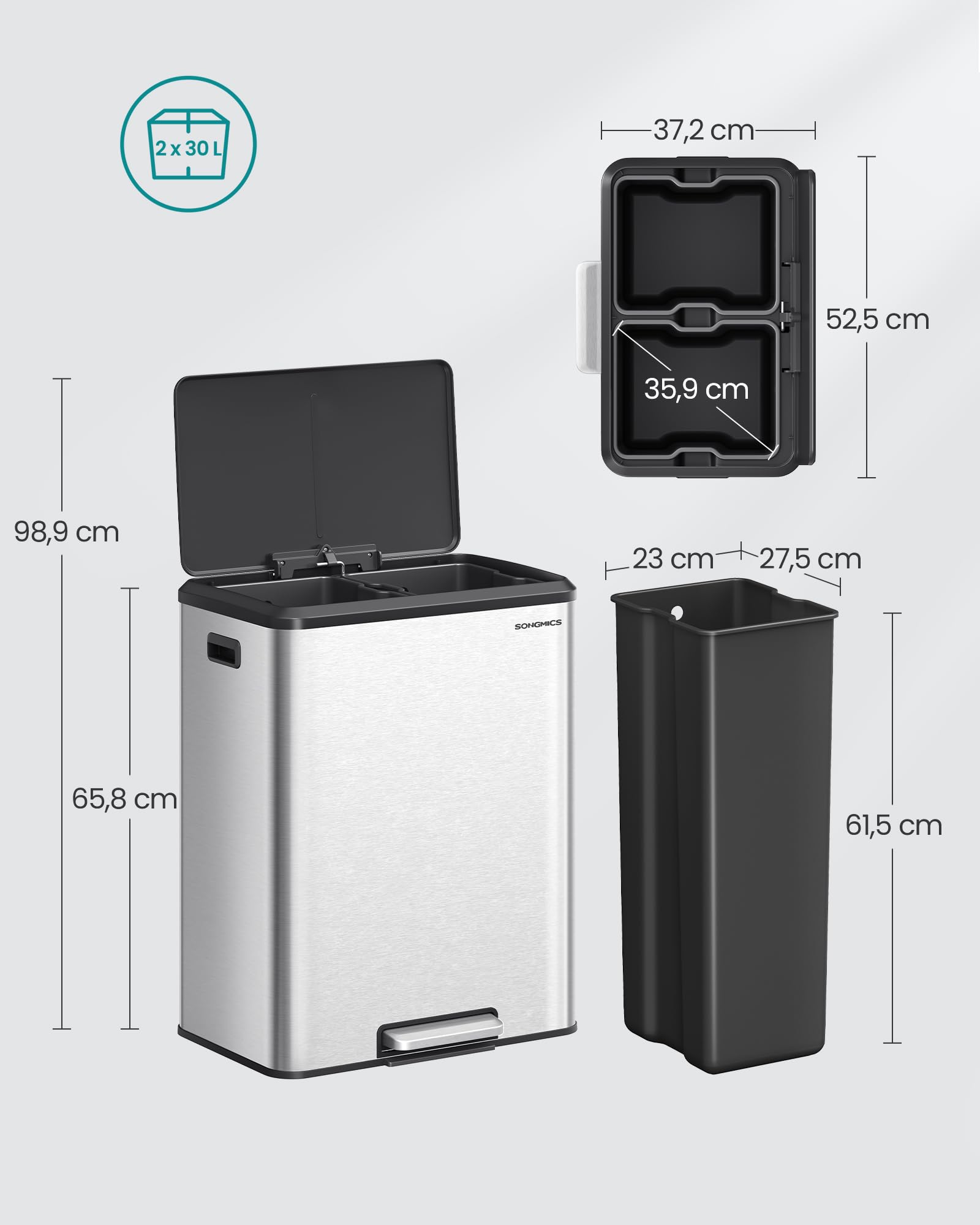 SONGMICS Papelera de Cocina, 2 x 30 L Cubo Doble para Reciclaje y Basura, Cubos Interiores, Acero Inoxidable, Tapa de Cierre Suave, Pedal Ancho y Robusto, Plata Metálico LTB556E01