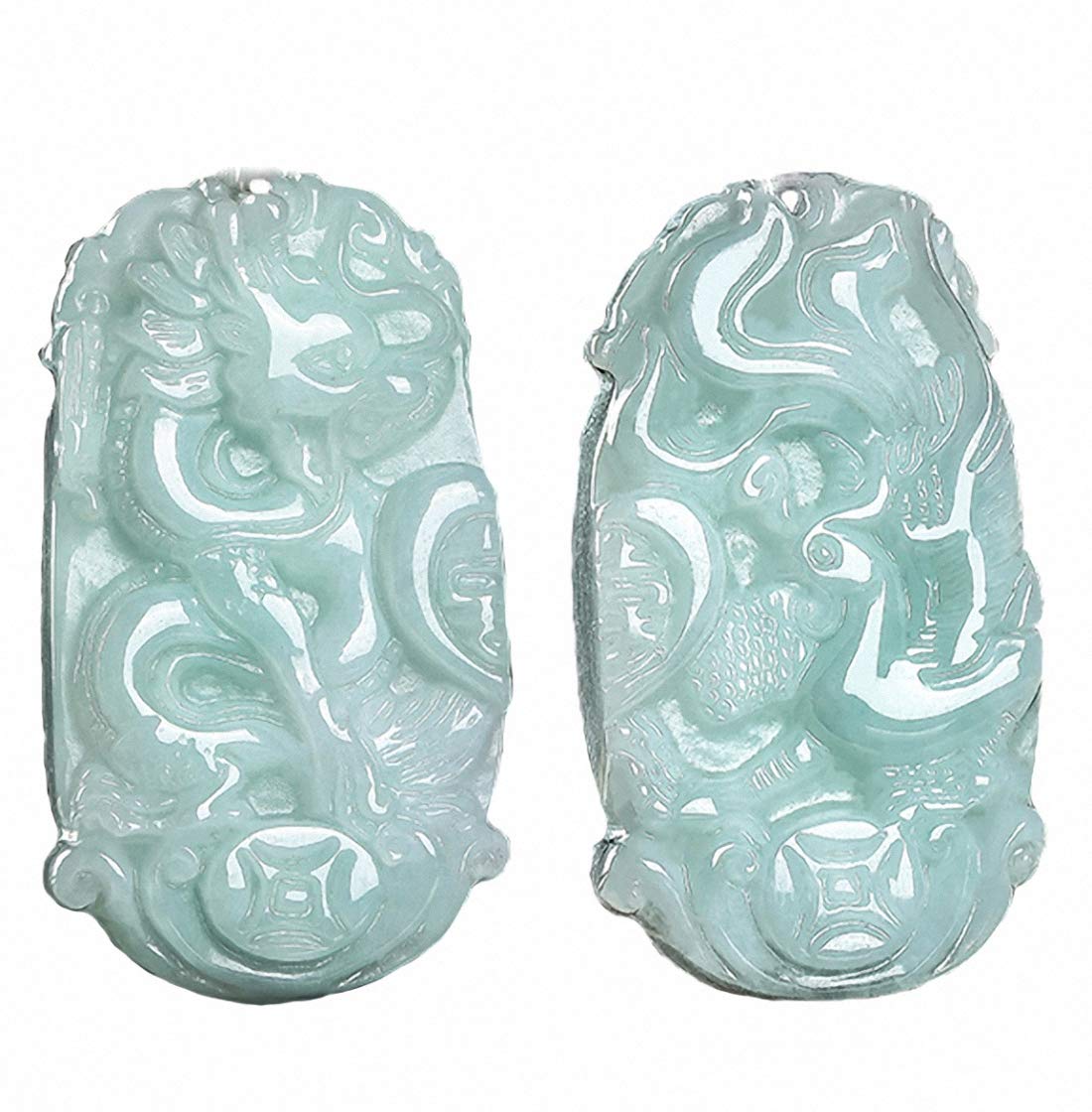 A Pair China Natural Green Jade A Jadeite Dragon Phoenix Amulet Pendant