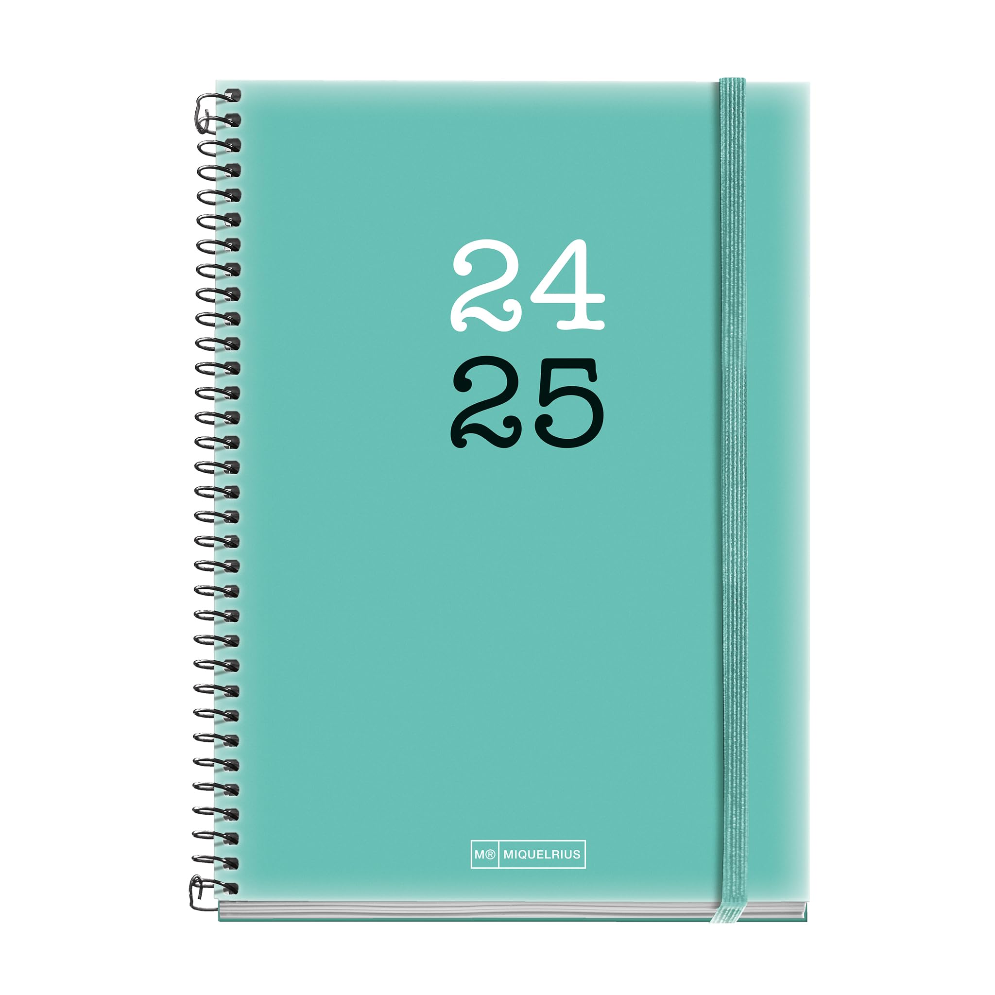 Miquelrius - Agenda Escolar 2024-2025, Septiembre 2024 a Agosto 2025, Tamaño 150 x 213 mm, Día Página, Cubierta de Polipropileno Opaco, Cierre con Goma, Español e Inglés, College Verde Aguamarina