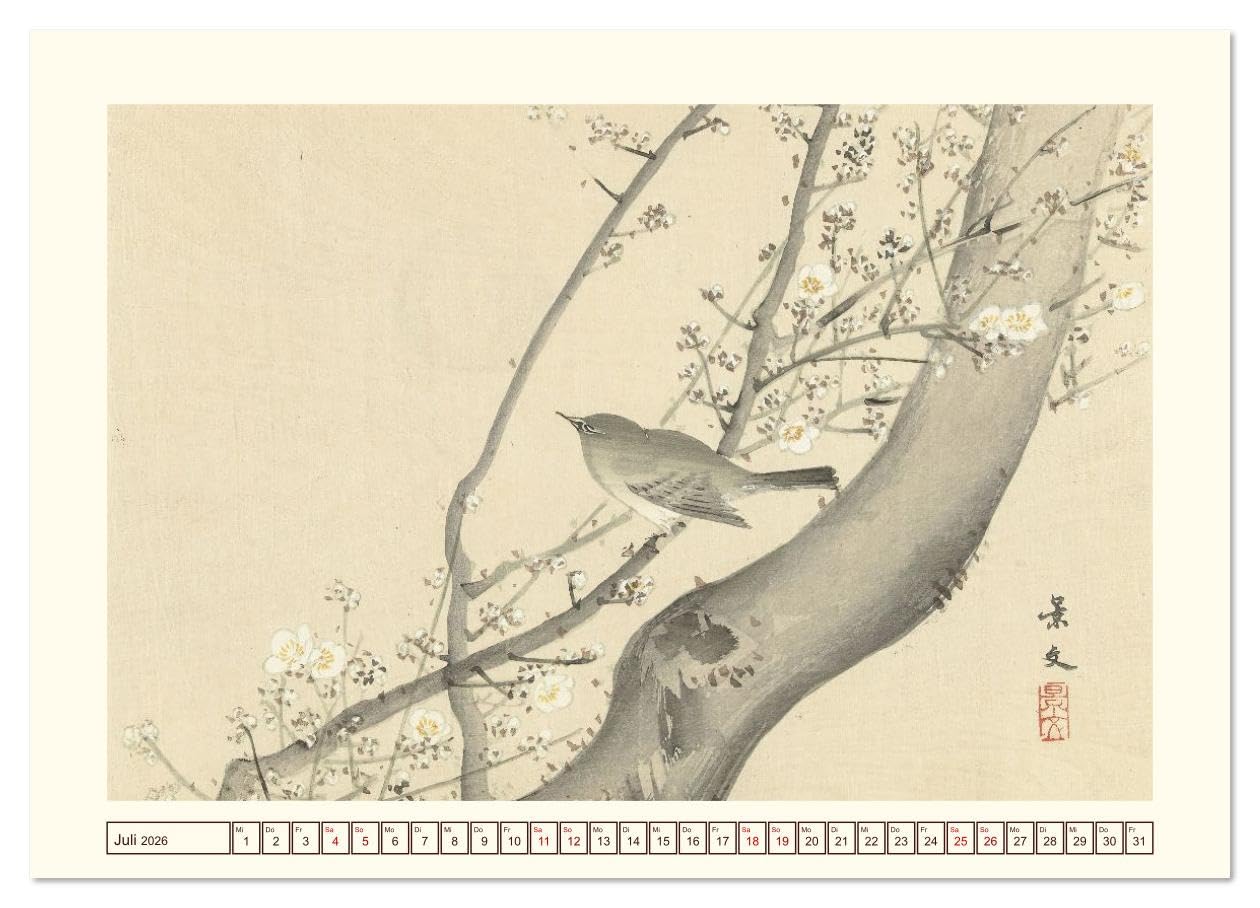 Blüte und Feder (hochwertiger Premium Wandkalender 2026 DIN A2 quer), Kunstdruck in Hochglanz: Japanische Naturkunst in zarten Farben. (CALVENDO Kunst)