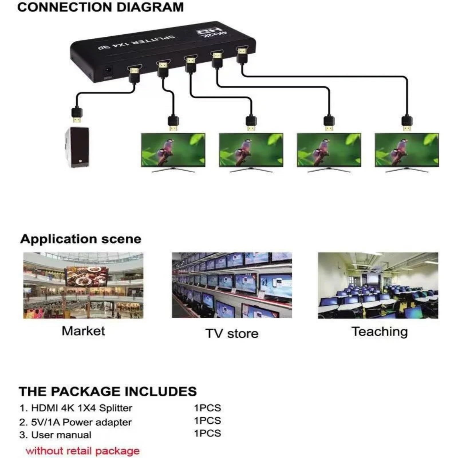 Convertitore Video 3D 2.0 Compatibile con HDMI 1x2 4K 60Hz, Splitter Switch for Dvd, Laptop, PC, TV e Monitor a 2, 3, 4 canali. Uso Domestico