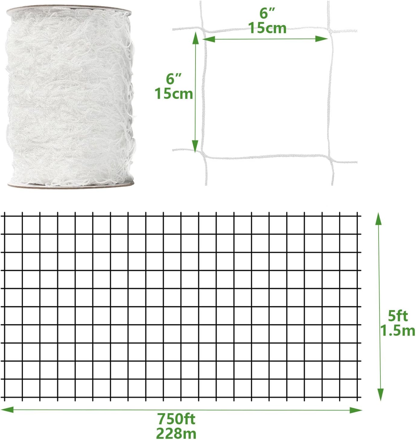 Nylon Trellis Netting Roll 5 x 750 ft, 6 Inch Soft Mesh, Heavy Duty Reinforced Garden Plant Support Mesh for Vertical Growing, Climbing Plants