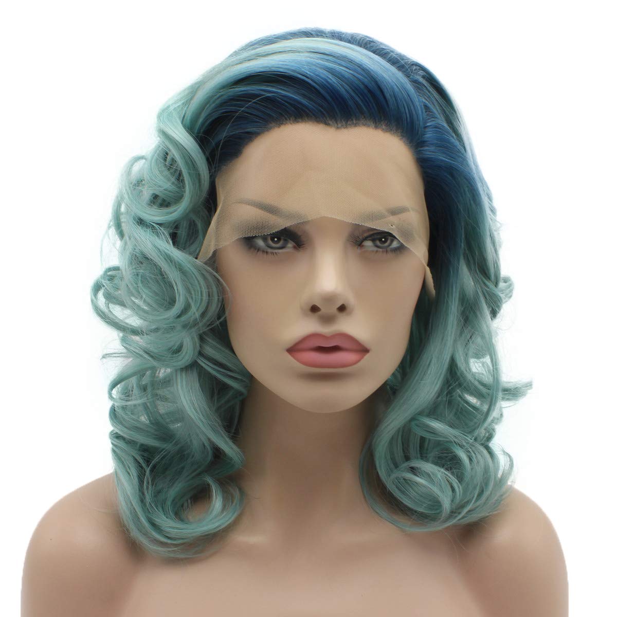Lushy Blue Root Light Blue Medium Length 16inch wavy Heat Resistant Heavy Density Realistic Synthetic Lace Front Wig