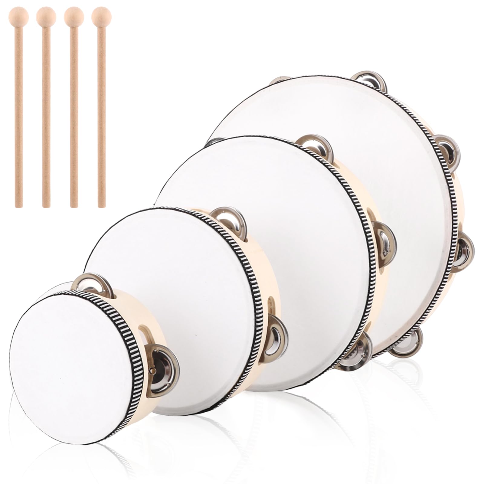 MIVIDE 4-Teilig Handtrommel mit Schlägel, Holz Tambourin, Handtrommel Set für Party, Leistungen(4zoll, 6zoll, 8zoll und 10zoll)