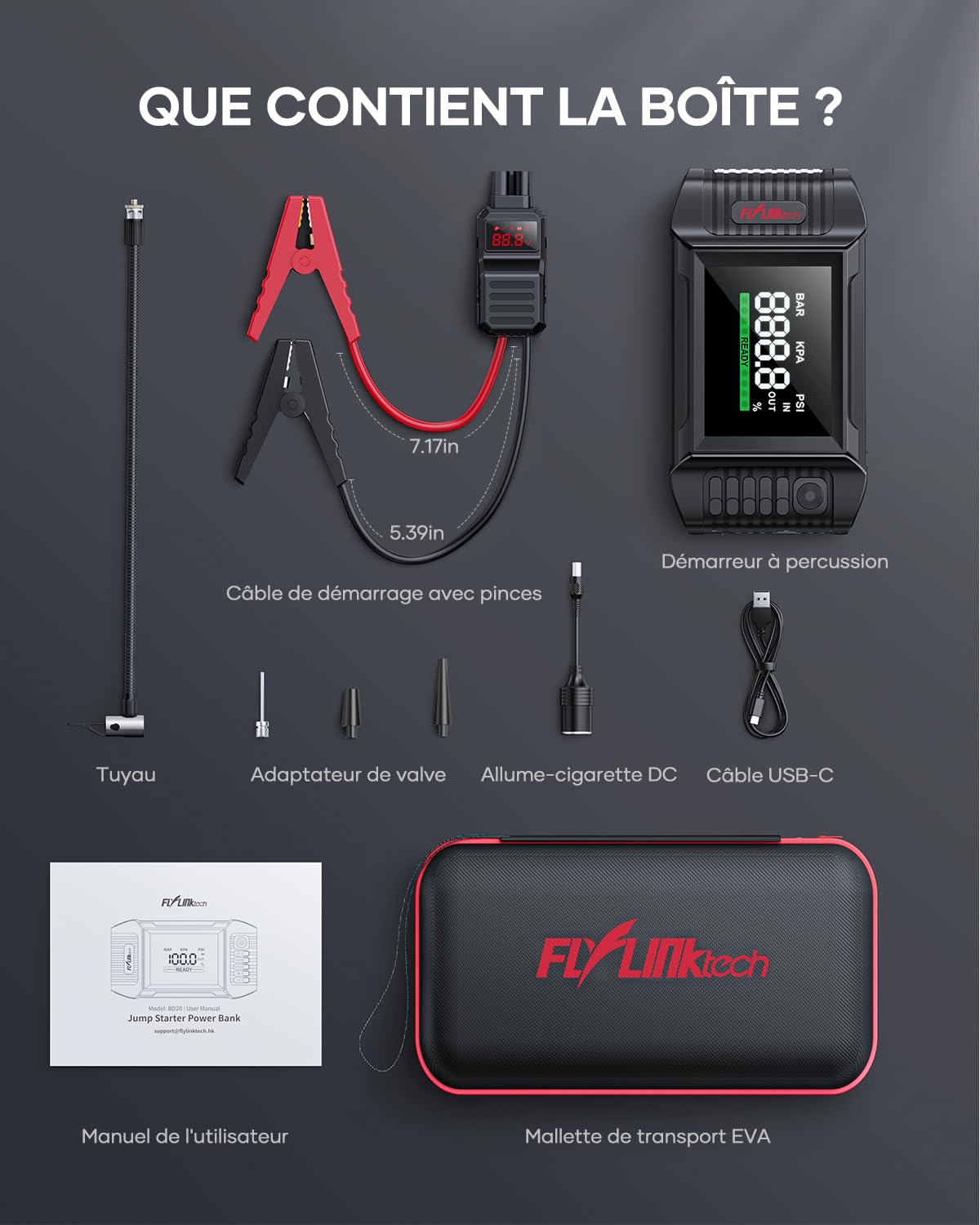 FLYLINKTECH 5000A Booster Batterie Voiture avec Compresseur，Portable Jump Starter (All gas/10,0 L Diesel) 12V Demarreur Batterie Voiture avec Gonfleur 150 PSI, Grand Écran LED, 160W DC Out, Lamp LED