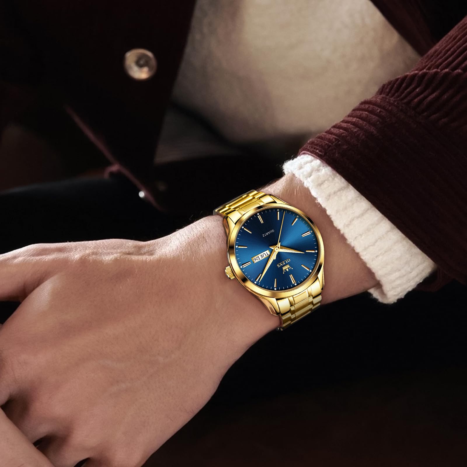 OLEVS Hombre Relojes, Analógico Cuarzo Luminoso Resistente Agua, Doble Fecha Reloj Acero Inoxidable Reloj para Hombres, Clásico Números Romanos
