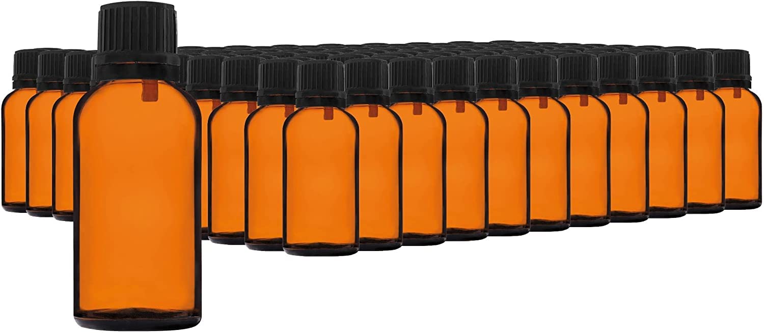 30ml-110 pièces de Flacon à Compte-gouttes - Petit Flacon en Verre Ambré de type Apothicaire avec Bouchon à Compte-gouttes Noir en Verre Brun Ensemble comprenant 5 Accessoires