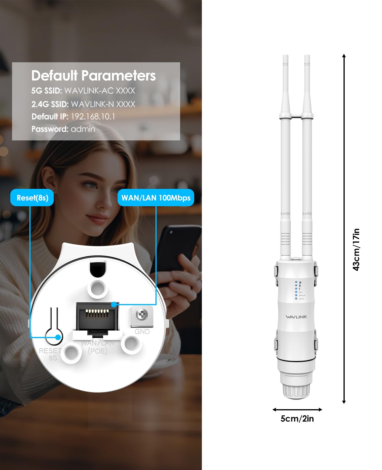 WAVLINK AC1200 Repetidor WiFi Exterior Largo Alcance PoE - Amplificador de Señal Doble Banda 2.4G+5G IP67 Impermeable, Punto de Acceso Outdoor con Antenas Potentes, Ideal para Jardín Piscina Parking