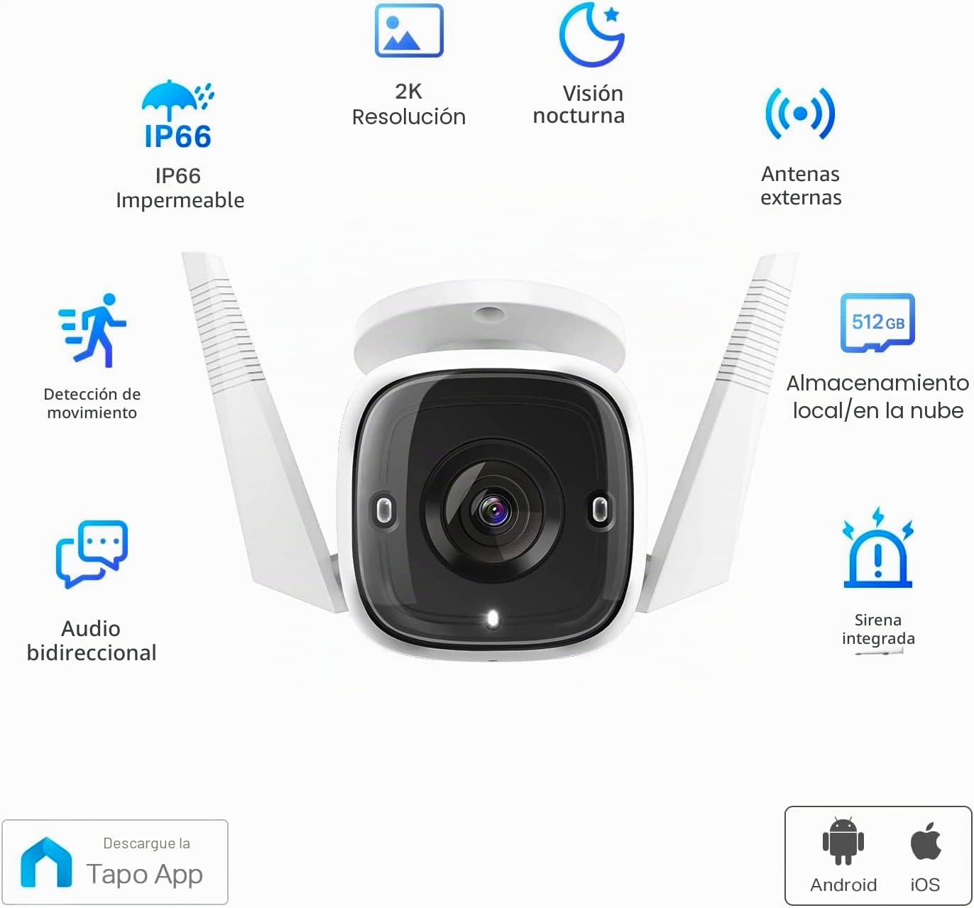 TP-Link Tapo - Cámara de Seguridad 2K HD con Cable para Exteriores, IP66 Resistente a la Intemperie, detección de Movimiento/Persona, Funciona con Alexa y Google Home, Sirena integrada con visión