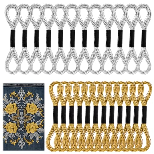Elegaperma Lot de 24 fils à broder dorés métallisés, fil à broder doré, fil à broder au point de croix, pour la couture, la fabrication artisanale, les...