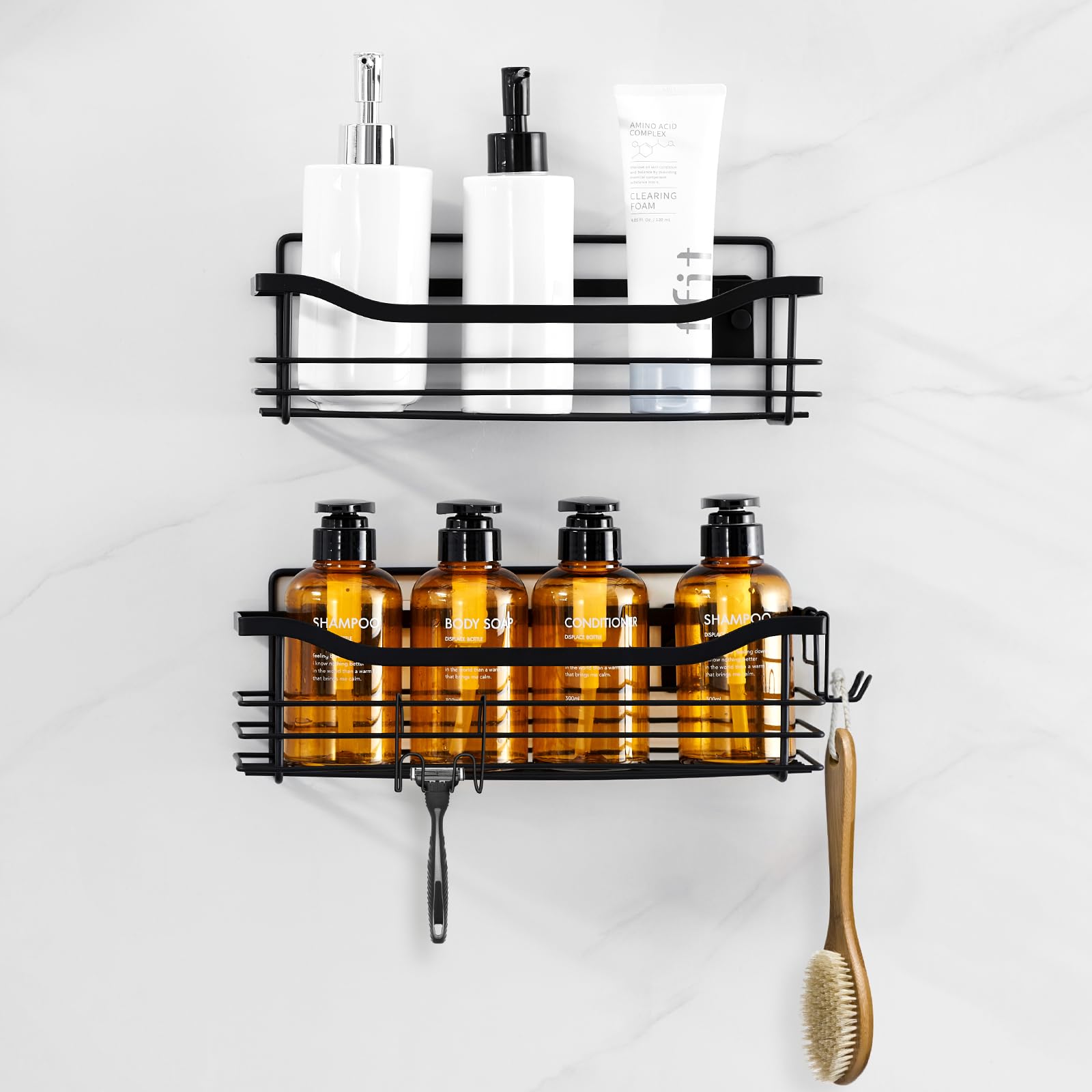 AuraLum Estanteria Baño,Estanteria Ducha Inoxidable,Estantería ducha sin Taladro,2 Piezas Bathroom Organizer,Organizador de Baño,Negro