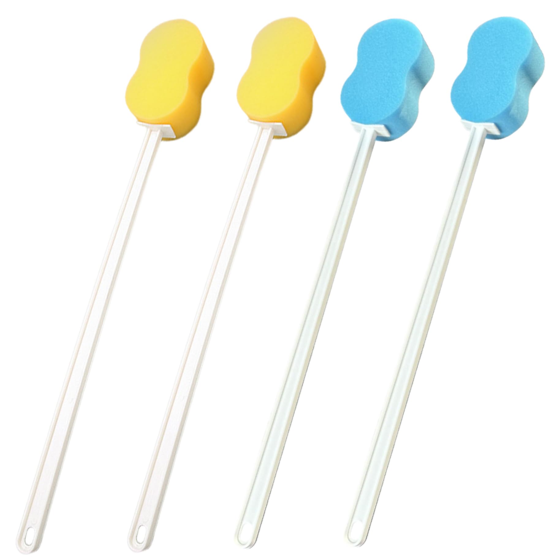 Esponja de mango largo para ducha 4 esponjas de mango largo en forma de 8 de 22 pulgadas con orificio para colgar Ducha amarilla y azul para limpieza de espalda, brazos y cuerpo.